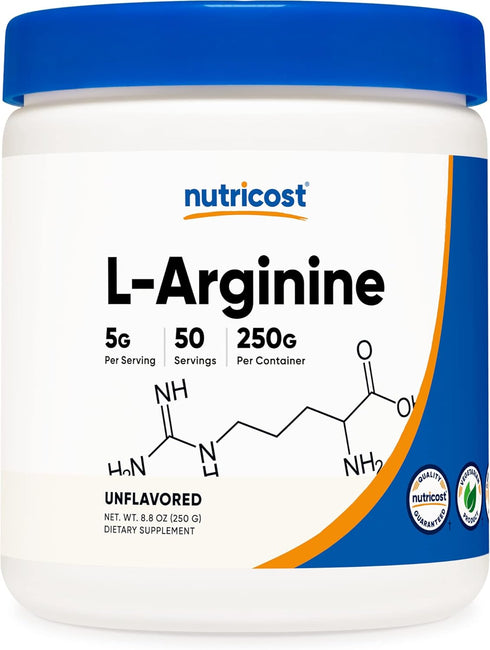 Nutricost L-Arginine (250 Grams) - Pure L-Arginine Powder, 5000mg Per Serving; 50 Servings