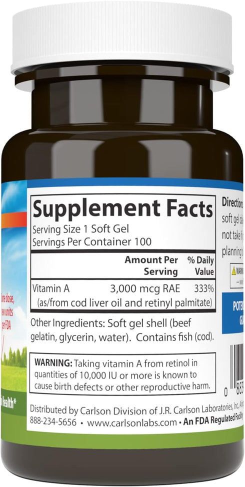 Carlson - Vitamin A, 10000 IU (3000 mcg RAE), Vision Health, 100 Softgels
