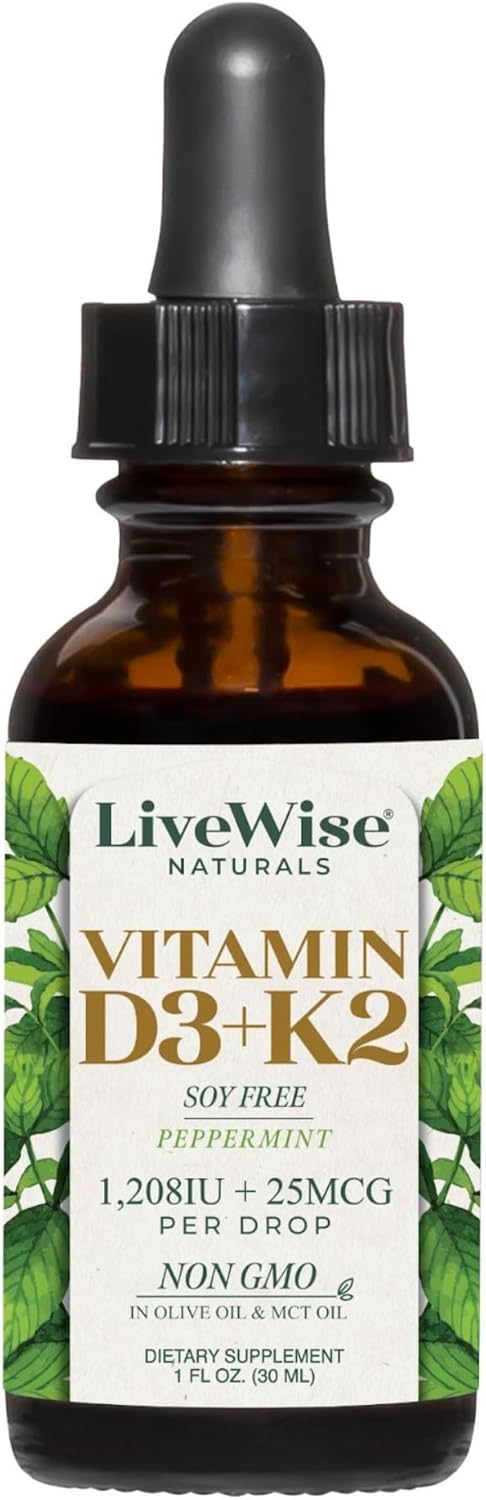 LiveWise Naturals Vitamin D3 with K2 Liquid Drops, 1208 IU D3 & 25 mcg K2, All Natural, USA Made