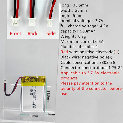 DC 3.7V 500mAh 502535 Rechargeable Lithium Polymer Battery, Suitable for DIY 3.7-5V Electronic Products with Built-in 2-Wire Battery Replacement and LED Lights