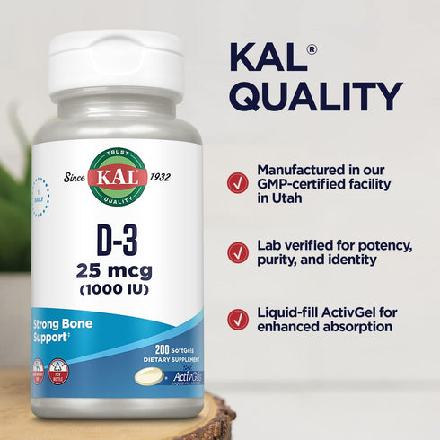 KAL Vitamin D3 1000 IU Softgels (25 mcg), Liquid Filled ActivGel, 200 Servings for Bone Health