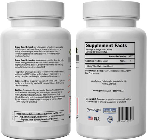 Superior Labs - Grape Seed Extract - 95% Polyphenols - 400mg, 120 Vegetable Capsules - Cardiovascular Health - High Antioxidant Content - Healthy Blood Flow - Immune System Support - Brain Health