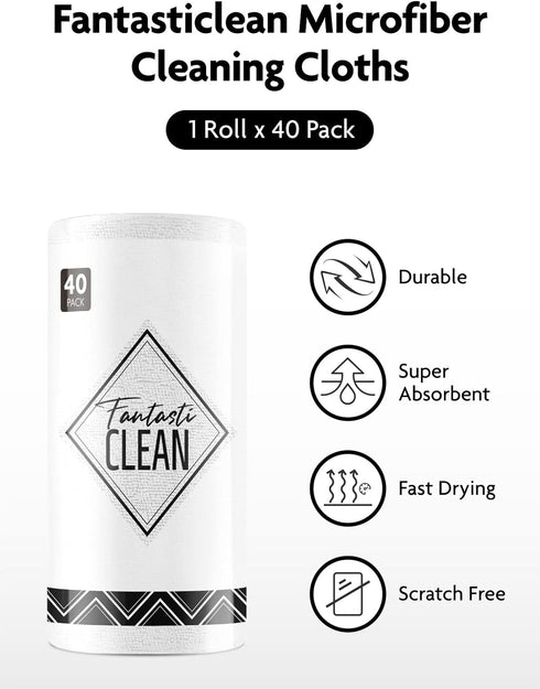Microfiber Cloths in a Roll, Reusable Washable Tear Away Cleaning Rags, 12" x 12", 40 Pack (White) for Auto and Home