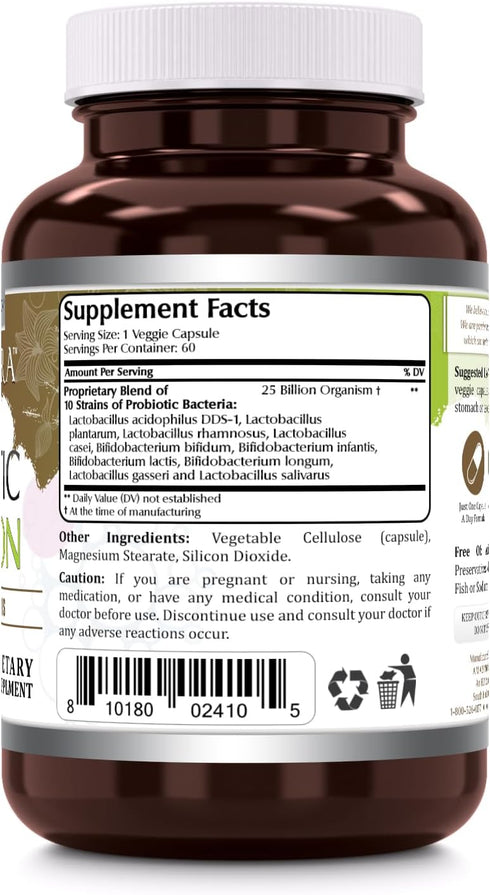 Amazing Flora Probiotic Supplement, 25 Billion-10 Strains, 60 Veggie Capsules, Non-GMO, Gluten-Free, Made in USA