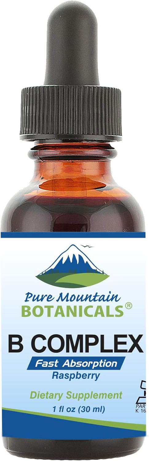Pure Mountain Botanicals Liquid Vitamin B Complex - Raspberry Flavor, Kosher B12, B6, Thiamin, Biotin, Niacin - 1oz