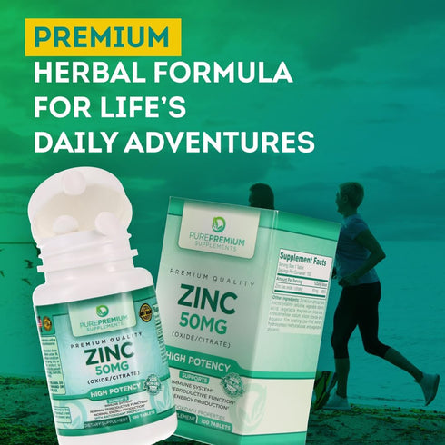 PurePremium Zinc 50mg - Immune Support Supplements for Men & Women, 100 Tablets, High Potency Natural Antioxidant