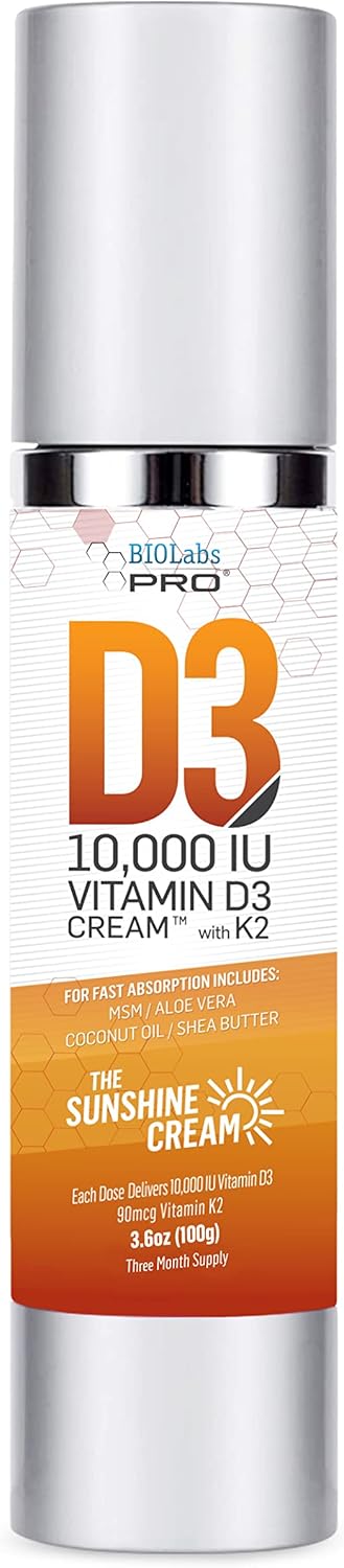 All Natural Vitamin D3 10000IU Cream, Maximum Strength, Fight Vitamin D Deficiency Naturally with Vitamin K2 & Olive