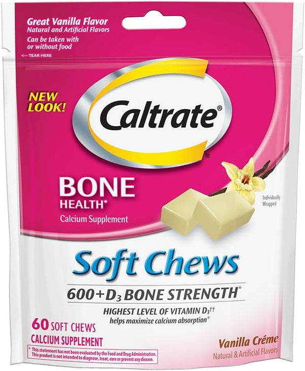 Calcium and Vitamin D3 Supplement Soft Chews, 600 mg, Vanilla Crème Flavor, 60 Count