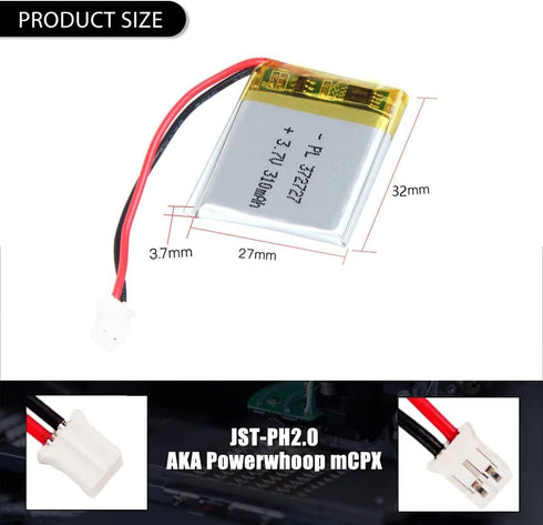 3.7V 310mAh 372727 Lipo Battery Pack, Rechargeable Lithium Polymer with PH2.0mm JST Connector