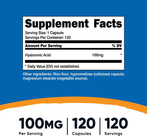 Nutricost Hyaluronic Acid Capsules 100mg,120 Vegetarian Capsules - Gluten Free, Non-GMO