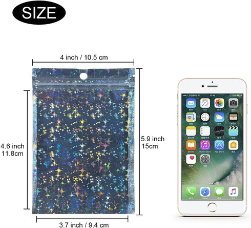 Holographic Bags 4x6 Inch, 100PCS Star Pattern Resealable Mylar Zip Lock Bags for Food Storage and Jewelry