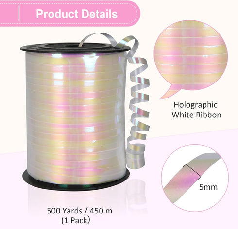 500 Yard Iridescent White Curling Ribbon for Gift Wrapping, Balloon String, Curly Ribbon, 3/16" for Baby Shower