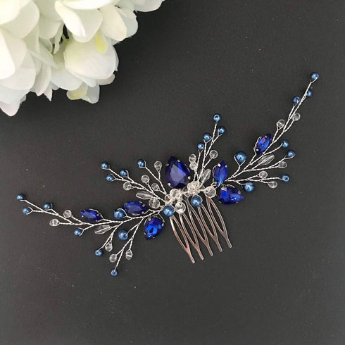 Women Royal Sapphire Crystal Blue Pearl Earring Hair Vine Set, Silver Wedding Hair Accessory for Bride