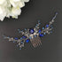 Women Royal Sapphire Crystal Blue Pearl Earring Hair Vine Set, Silver Wedding Hair Accessory for Bride