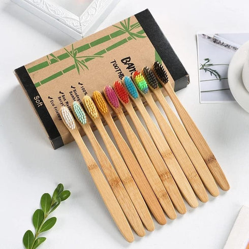 Lunaya Set 10 Pack Bamboo Toothbrush - - Natural Bamboo - Brown Nylon Bristles - Manual Toothbrush