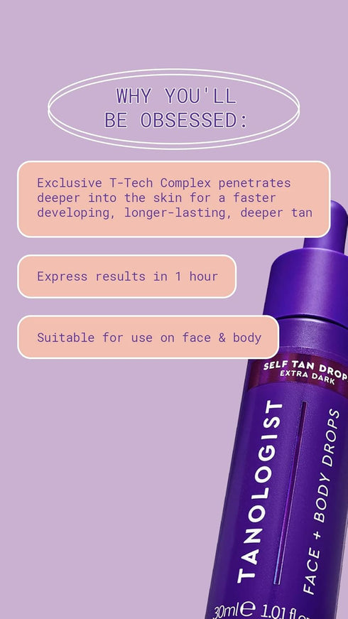 Tanologist Face and Body Self Tan Drops, Extra Dark - Bronzing Drops - Illuminating Self Tanning Drops, Natural Ingredients & Vegan - 1.01 Fl Oz