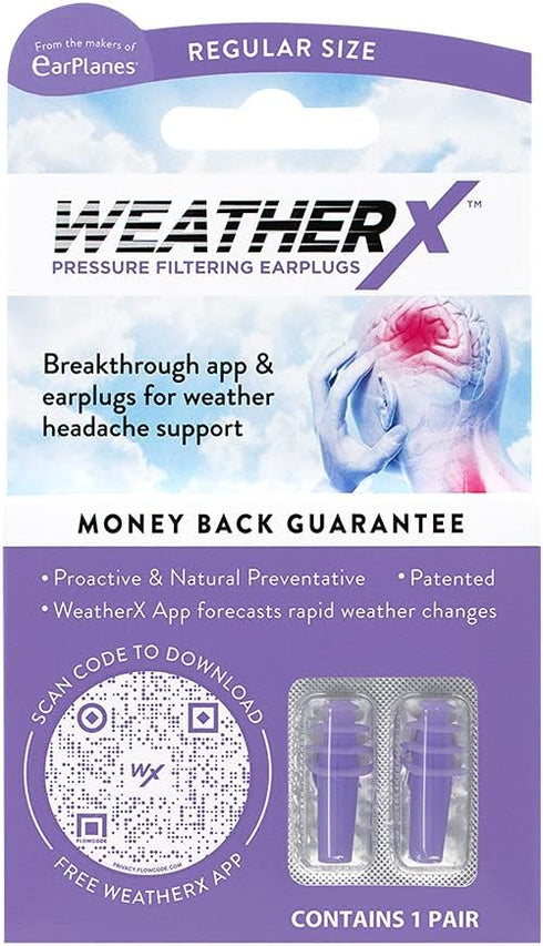 WeatherX Headache Prevention Earplug for Barometric Pressure Shifts, Regular 1 PK, Free Alert App Download