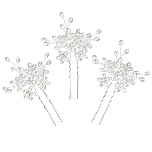 Wedding Hair Pins (3 Pcs) - Elegant Pearl Floral Crystal Accessories for Bridal Women, Silver