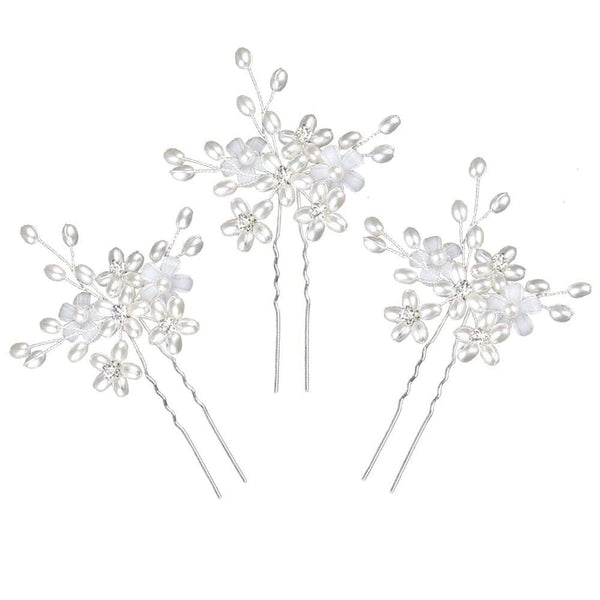 Wedding Hair Pins (3 Pcs) - Elegant Pearl Floral Crystal Accessories for Bridal Women, Silver