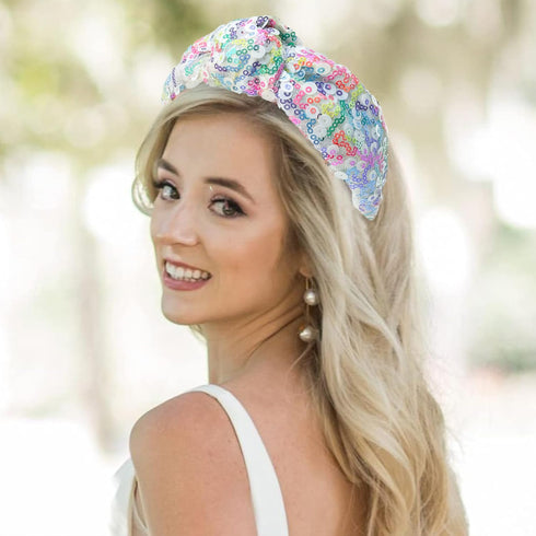 XIMA 3 PCS Sequin Headbands for Women and Girls, Neon Rainbow Sparkle Statement Top Knot Holiday Hair Accessories
