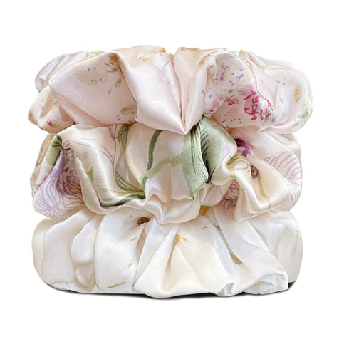 Suncdelv 100% Silk Scrunchies for Hair 22 Momme Hair Ties Anti-Crease & Breakage 3PCS (Flower)