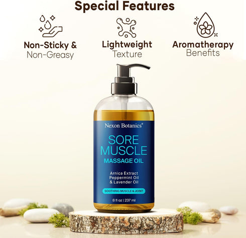Sore Muscle Massage Oil 8 fl oz - Body Massage Oil with Peppermint, Lavender, Arnica for Pain Relief and Relaxation