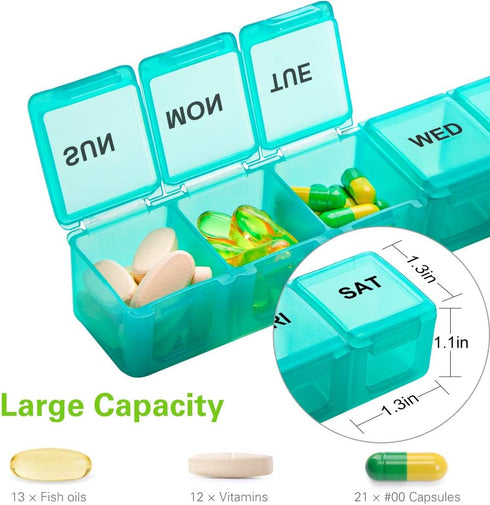 BUG HULL Weekly Pill Organizer - Large 2 Packs, Extra Large Travel Pill Organizers, 7 Day Pill Box (Blue+Green)