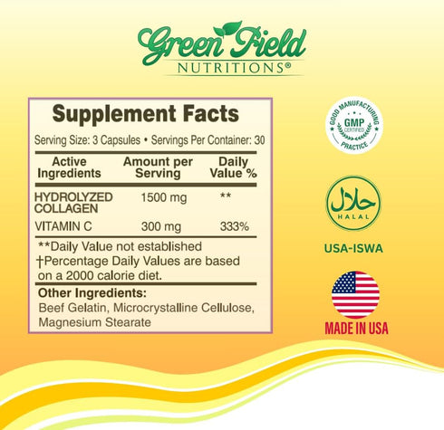 Greenfield Nutritions Halal Collagen Peptides - 1500 mg Type I & III with 300 mg Vitamin C for Hair, Skin, Nails &