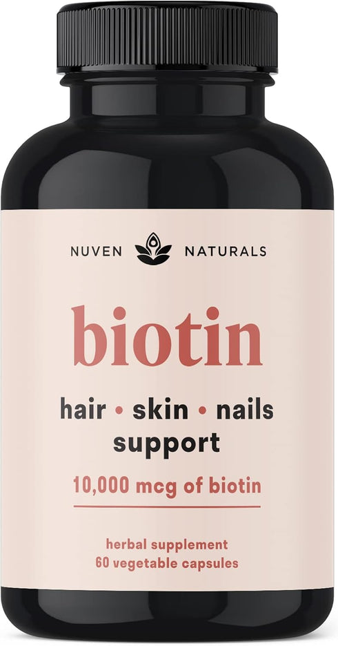 Hair Vitamins - Biotin 10000 mcg with Vitamin A, E, C, D & Adaptogens for Hair, Skin & Nails, 60 Capsules