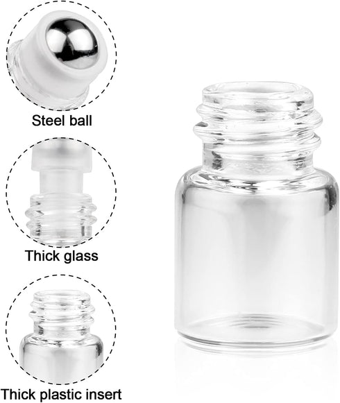 Wresty 25 Pcs Clear Glass Mini Roll On Bottles, Empty Essential Oil Roller Ball Bottles with Black Cap (1ml)
