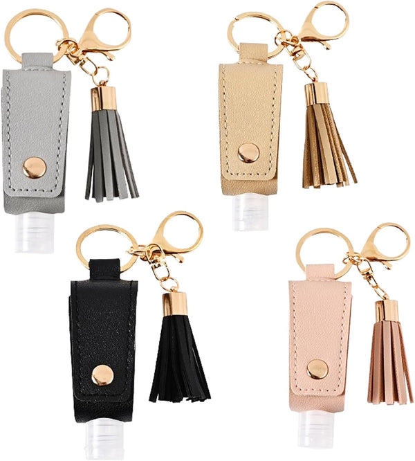 4 Pack Small Hand Sanitizer Keychain: Portable Leather Empty Bottles for Toiletry, Shampoo, Lotion, Soap