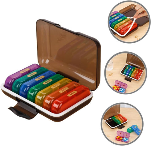 HAKIDZEL 7-Day Weekly Portable Pill Organizer Case Color-Coded Medicine Storage Box with Travel Reminder, Compact Black
