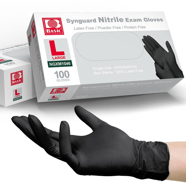 Basic Black Nitrile Exam Gloves, Latex-Free & Powder-Free, Heavy-Duty Industrial Medical Glove (Pack of 100)