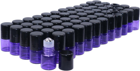 Wresty 60 Pcs Mini Purple Glass Roller Ball Bottles, 1ml Refillable Empty Sample Vials for Essential Oils, with Opener