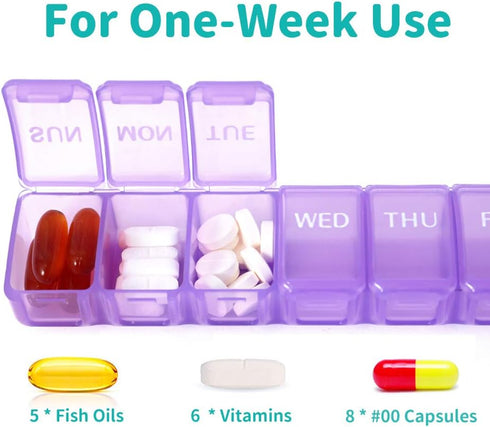 2 Packs Small Weekly Pill Organizer | Pocket Daily Pill Case for Pills, Vitamins, Fish Oil, Supplements | Purple