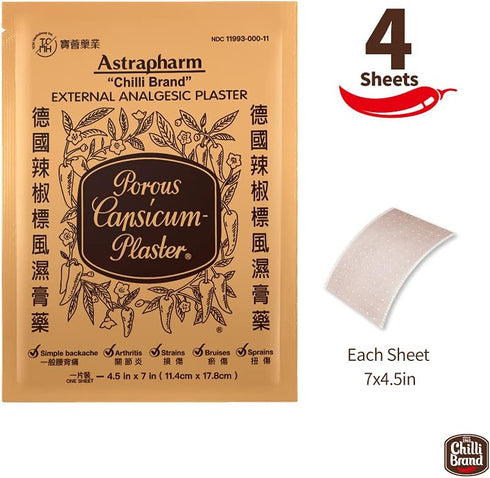 Chilli Brand External Plaster Porous Capsicum Plaster for Minor Aches and Pain Relief HOT Patch, 7" x 4.5" Sheet (4