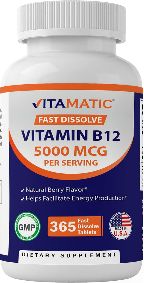 Vitamatic Vitamin B12 5000 mcg per Serving Fast Dissolve 365 Tablets, Berry Flavor, Supports Energy Metabolism