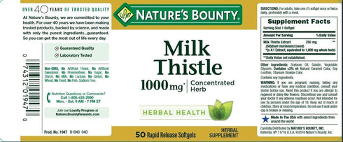 Nature's Bounty Milk Thistle 1000mg Herbal Supplement Softgels - 50 Count