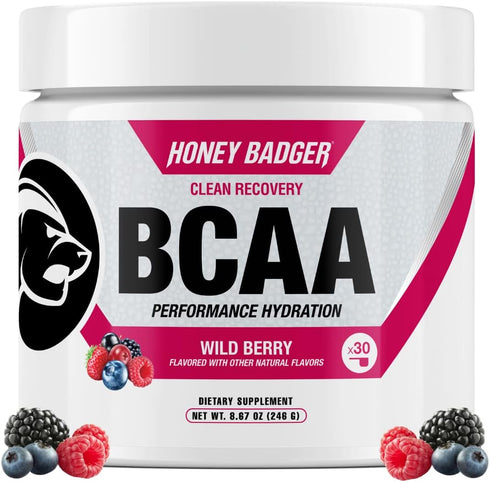 Honey Badger BCAA + EAA Amino Acids Electrolytes Powder, Wild Berry, 30 Servings for Men & Women
