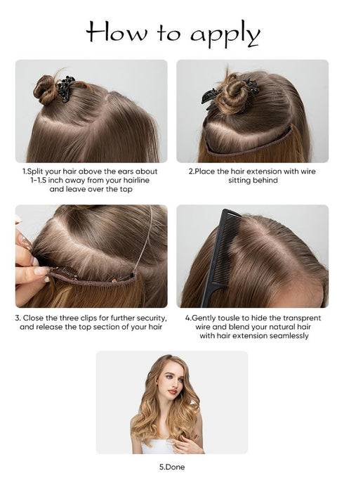 SARLA Invisible Wire Hair Extensions, 3 Clips Synthetic Wavy Curly Hairpiece, Adjustable Transparent Headband, 16 Inch