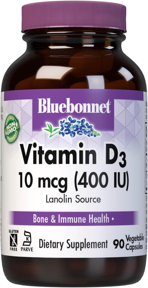 Bluebonnet Nutrition Vitamin D3 400 IU Vegetable Capsule, 90 Count - Aids Muscle & Skeletal Growth, Non-GMO