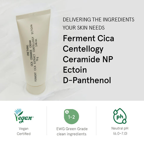 ONE THING Cica Ceramide Cream 2.47 Oz - Centella Asiatica Soothing Hydrating Facial Moisturizer for All Skin Types