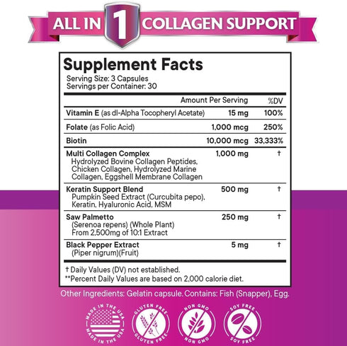 Collagen Pills 1000mg, Biotin 10000mcg, Keratin, Saw Palmetto, Hyaluronic Acid - Hair, Skin, Nails Vitamins, 270 Count