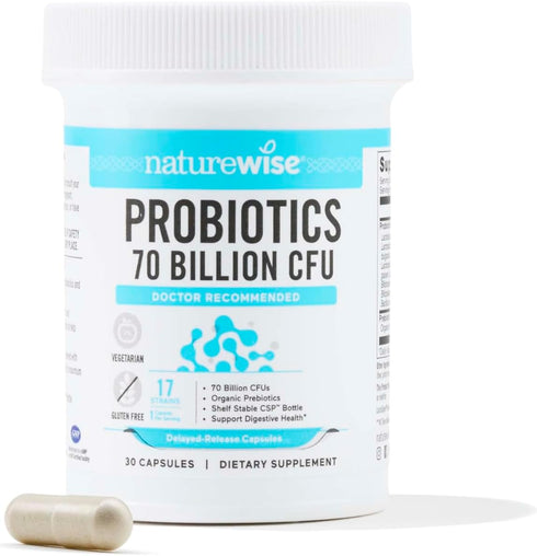 NatureWise Probiotics | 30 Capsules | 70 Billion CFU - 17 Strains + Organic Prebiotics - Immune, Digestive & Gut Health