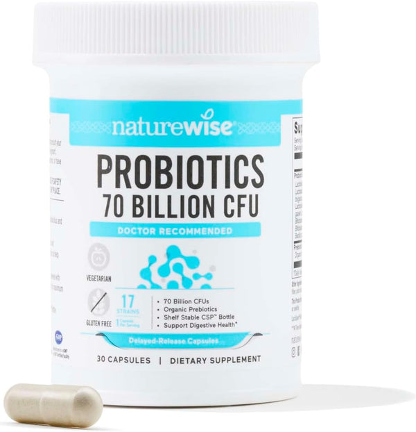 NatureWise Probiotics | 30 Capsules | 70 Billion CFU - 17 Strains + Organic Prebiotics - Immune, Digestive & Gut Health