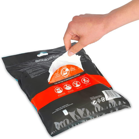 Brabantia PerfectFit Trash Bags, Size W/1.3 Gal, Thick Plastic Liners with Drawstring Handles, 40 Bags