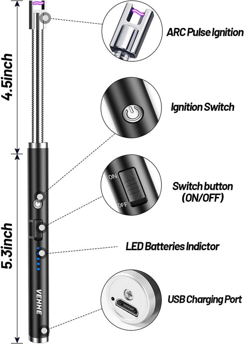 VEHHE Candle Lighter, Electric Rechargeable Arc Lighter with LED Battery Display, Long Flexible Neck USB Lighter for
