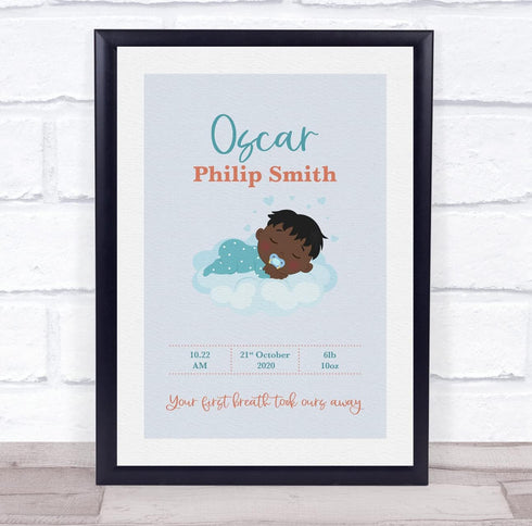 The Card Zoo New Baby Birth Details Christening Nursery Dark Skin Straight Hair Boy Print