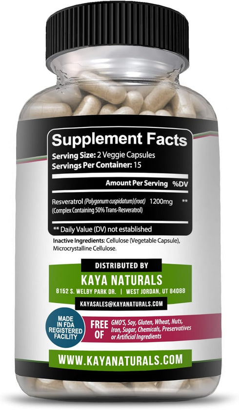 Kaya Naturals Resveratrol Capsules - Anti Aging Supplement with Antioxidants & Brain Support - 30 Veggie Capsules