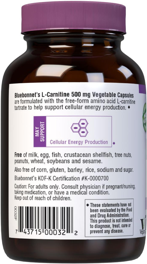 BlueBonnet 500 mg L-Carnitine Vitamin Capsules, White, 60 Count
